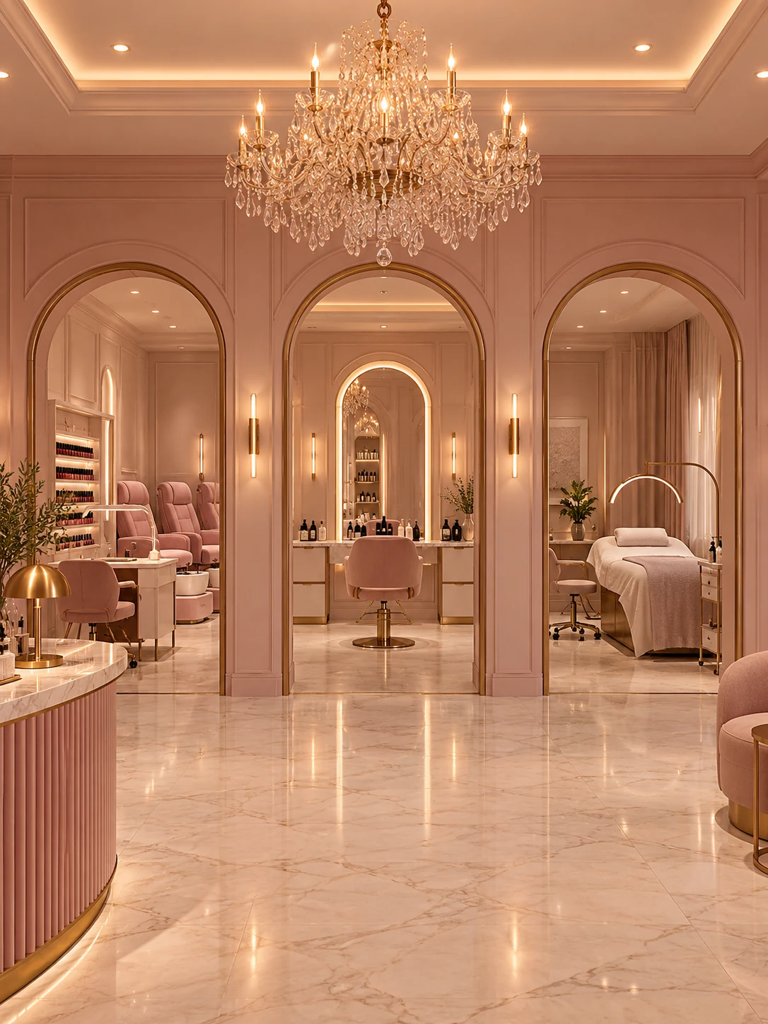 The pink and gold salon interior, with three open rooms